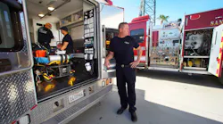 San Diego County Fire Engineer Paramedic Trey Nelson, waits outside the ambulance as firefighters, Robert Amaya (left) and Fernando Ayala (right) check medical supplies at the new San Diego County Station 60 in Borrego Springs, CA.