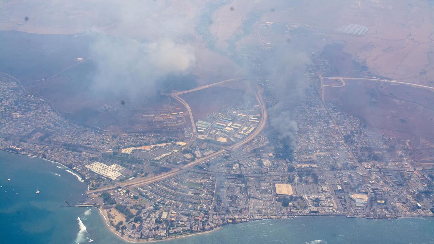An aerial view shows the devastation in Maui following the fast-moving wildfire.