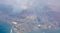 An aerial view shows the devastation in Maui following the fast-moving wildfire.
