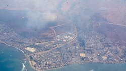An aerial view shows the devastation in Maui following the fast-moving wildfire. An aerial view shows the devastation in Maui following the fast-moving wildfire.
