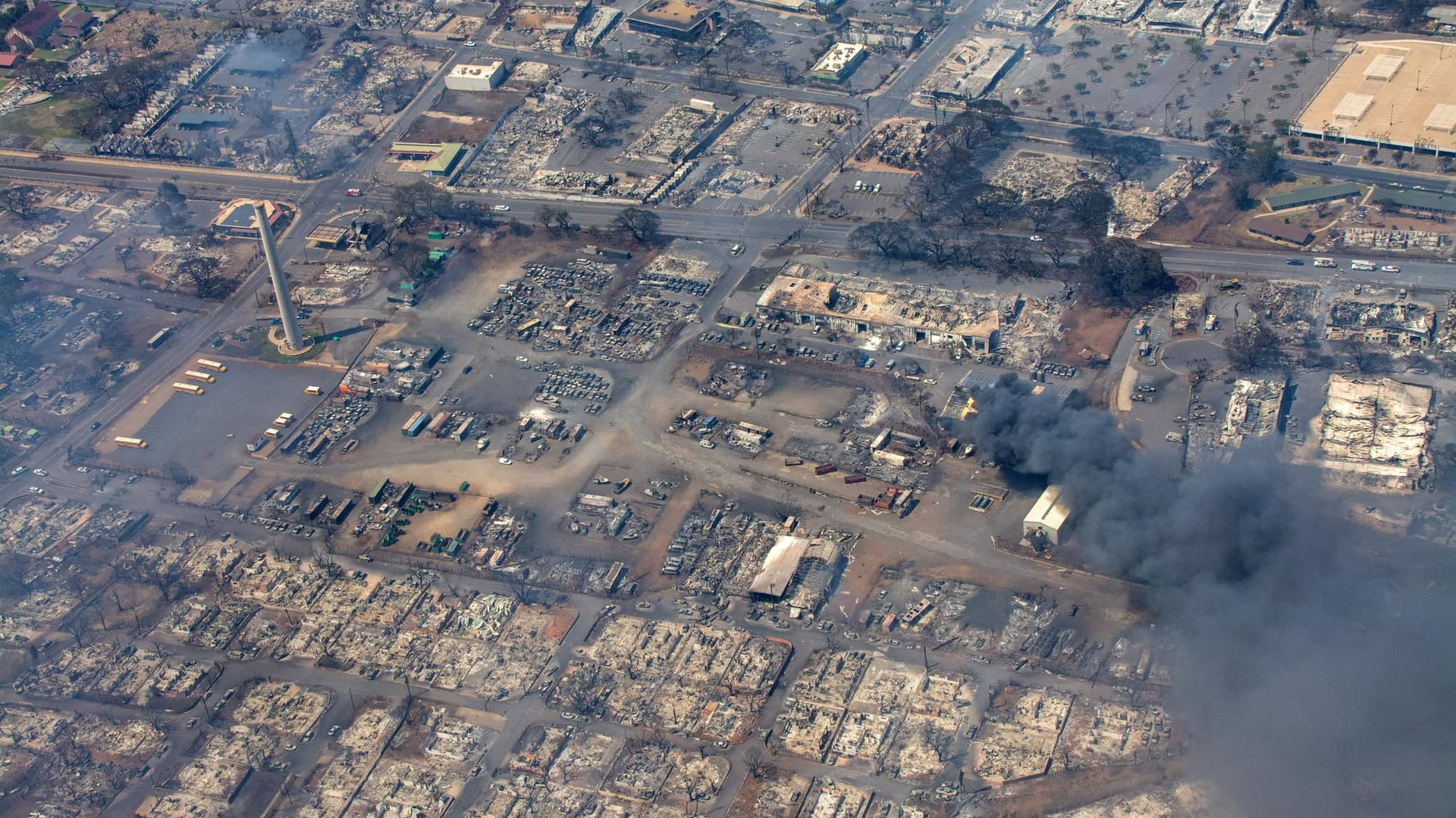 An overhead view of a fire still burning in Maui on Aug. 10, following the devastating wildfire.