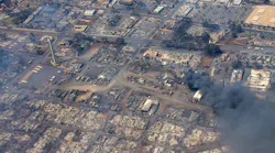 An overhead view of a fire still burning in Maui on Aug. 10, following the devastating wildfire.