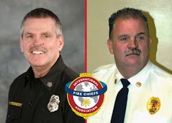 The 2023 IAFC Fire Chief of the Year honorees are Volunteer Fire Chief Thomas Bell (r.) of the Greensburg Volunteer Fire Department in Pennsylvania, and Career Fire Chief Brian Fennessy of the Orange County Fire Authority (OCFA) in California.