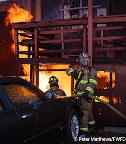 Firefighters had to battle a gas-fed blaze that threatened a neighboring building. Firefighters had to battle a gas-fed blaze that threatened a neighboring building.