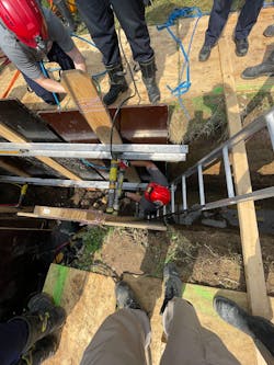 Waler systems bridge support between several trench panels and can eliminate one set of shores on a panel. Waler systems bridge support between several trench panels and can eliminate one set of shores on a panel.