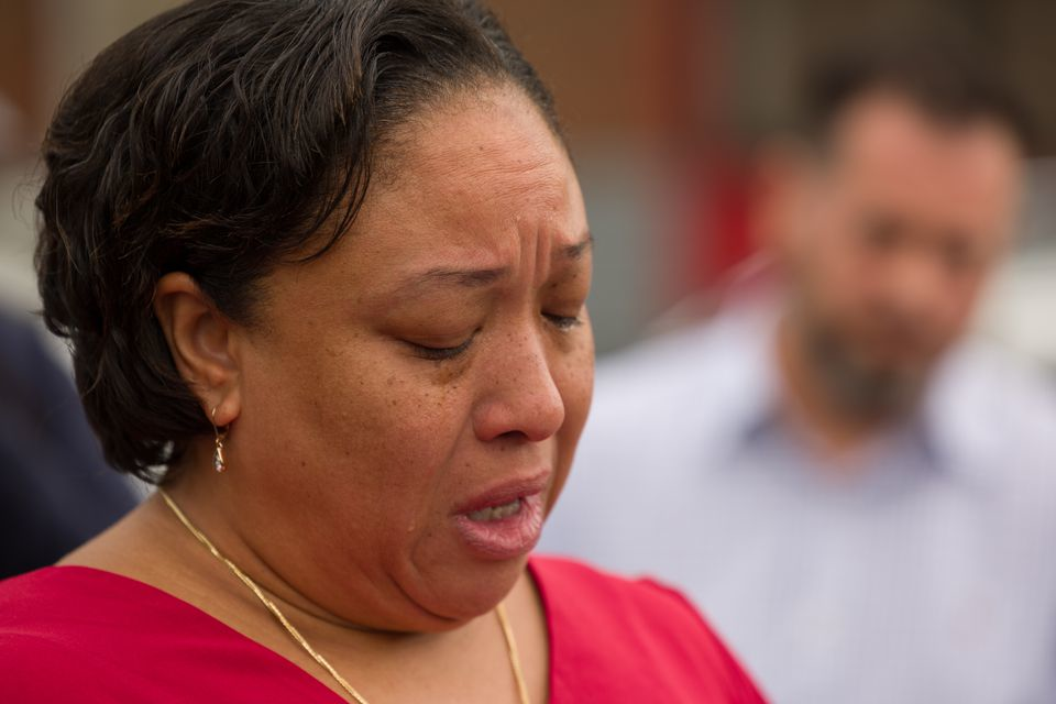 Michele Brooks, whose husband, Newark firefighter Wayne Brooks Jr., died while battling a cargo ship fire in Port Newark speaks at a press conference Friday.