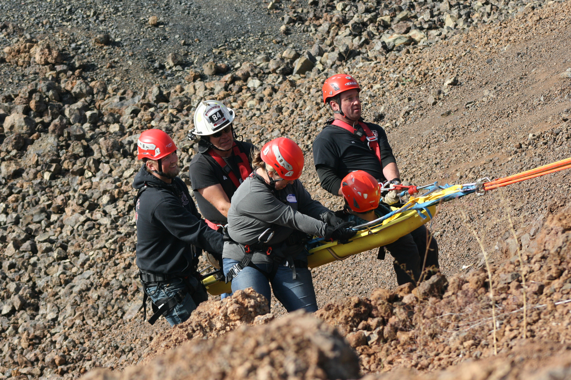First responders practice moving a patient up the side of a rock face as part of a recent training opportunity held in New Meadows. The day-long training program was led by the Grangeville Mountain Rescue Unit and included participants from several agencies in central Idaho.