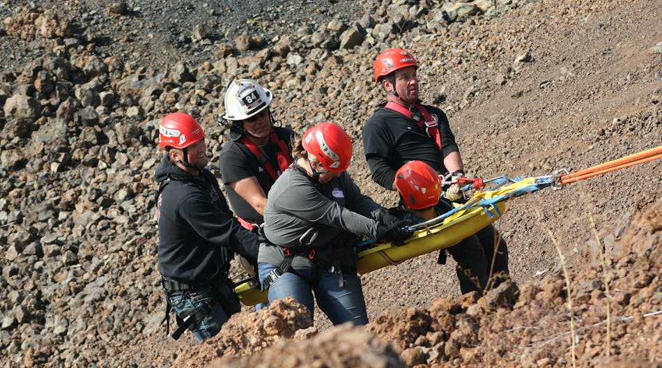 First responders practice moving a patient up the side of a rock face as part of a recent training opportunity held in New Meadows. The day-long training program was led by the Grangeville Mountain Rescue Unit and included participants from several agencies in central Idaho.