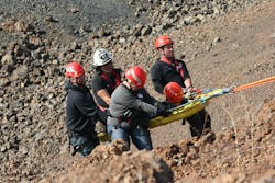First responders practice moving a patient up the side of a rock face as part of a recent training opportunity held in New Meadows. The day-long training program was led by the Grangeville Mountain Rescue Unit and included participants from several agencies in central Idaho.