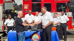 Mark Langley, CEO of NPS-DDP, was on-hand to present the drone and Public Safety specific accessories to NOFD Superintendent Roman Nelson. Mark Langley, CEO of NPS-DDP, was on-hand to present the drone and Public Safety specific accessories to NOFD Superintendent Roman Nelson.