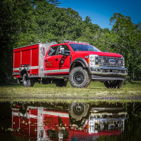 The Encinitas, California, Fire Department&apos;s Brush Rapid Attack Truck is equipped with a 300-gallon water/10-gallon foam ProPoly tank and a 500-gpm, PTO-driven Hale AP50 pump.