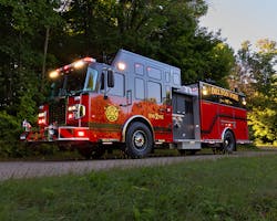 This apparatus is an enclosed, top-mount, aluminum pumper that was constructed for the Delton Fire Department in Lake Delton, WI, by Marion Body Works.