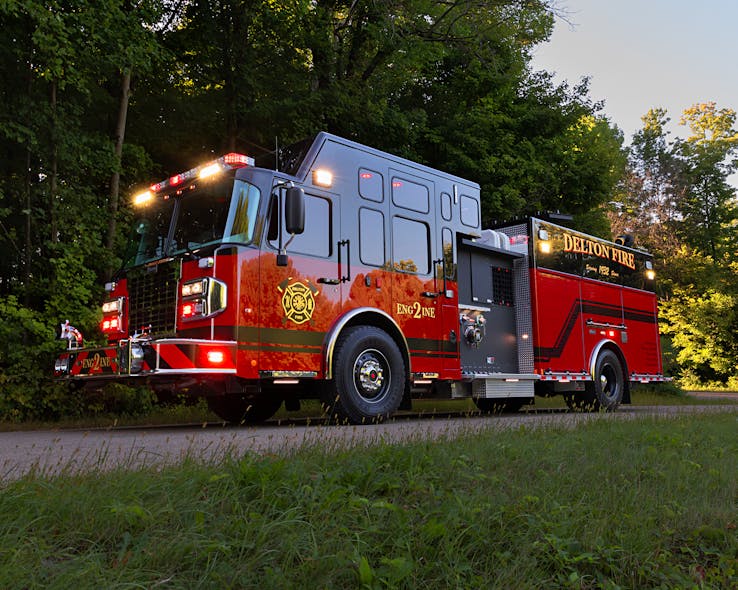 This apparatus is an enclosed, top-mount, aluminum pumper that was constructed for the Delton Fire Department in Lake Delton, WI, by Marion Body Works.