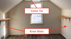 Knee walls range from 3 feet tall to chest height and often are found in the finished half-stories of dwellings. Half-stories might include a collar tie, which spans the rafters on opposing sides of the structure. Knee walls range from 3 feet tall to chest height and often are found in the finished half-stories of dwellings. Half-stories might include a collar tie, which spans the rafters on opposing sides of the structure.