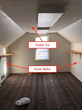 Knee walls range from 3 feet tall to chest height and often are found in the finished half-stories of dwellings. Half-stories might include a collar tie, which spans the rafters on opposing sides of the structure.