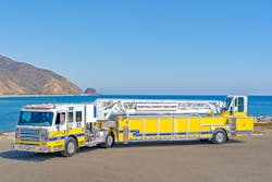 Ventura County, CA, Fire Department’s new tractor-drawn aerial is the third of what soon will be five tillers in the department’s Rosenbauer fleet. Ventura County, CA, Fire Department’s new tractor-drawn aerial is the third of what soon will be five tillers in the department’s Rosenbauer fleet.