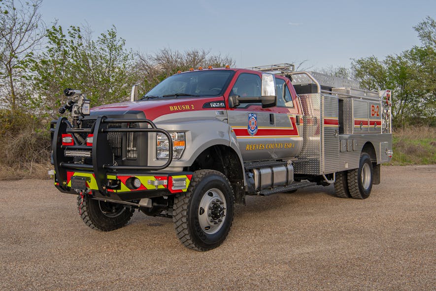This highly custom Type 4 rescue-side for the Reeves County, TX, Emergency Services Districts Nos. 1 and 2 is based on a Ford F-750 4x4 chassis.