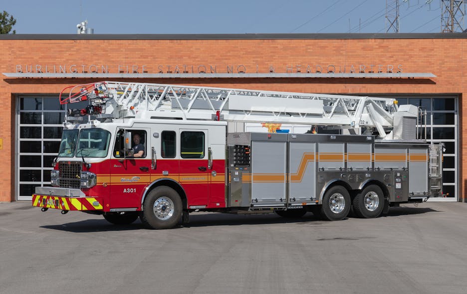 This 105-foot aerial that was built for the Burlington Fire Department in Ontario, Canada, features a Spartan Gladiator ELFD chassis.