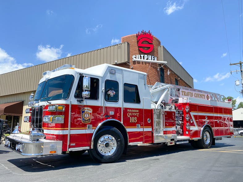 Travis County Emergency Services District #1 took delivery of a new Sutphen SL 75 mid-mount aerial ladder.