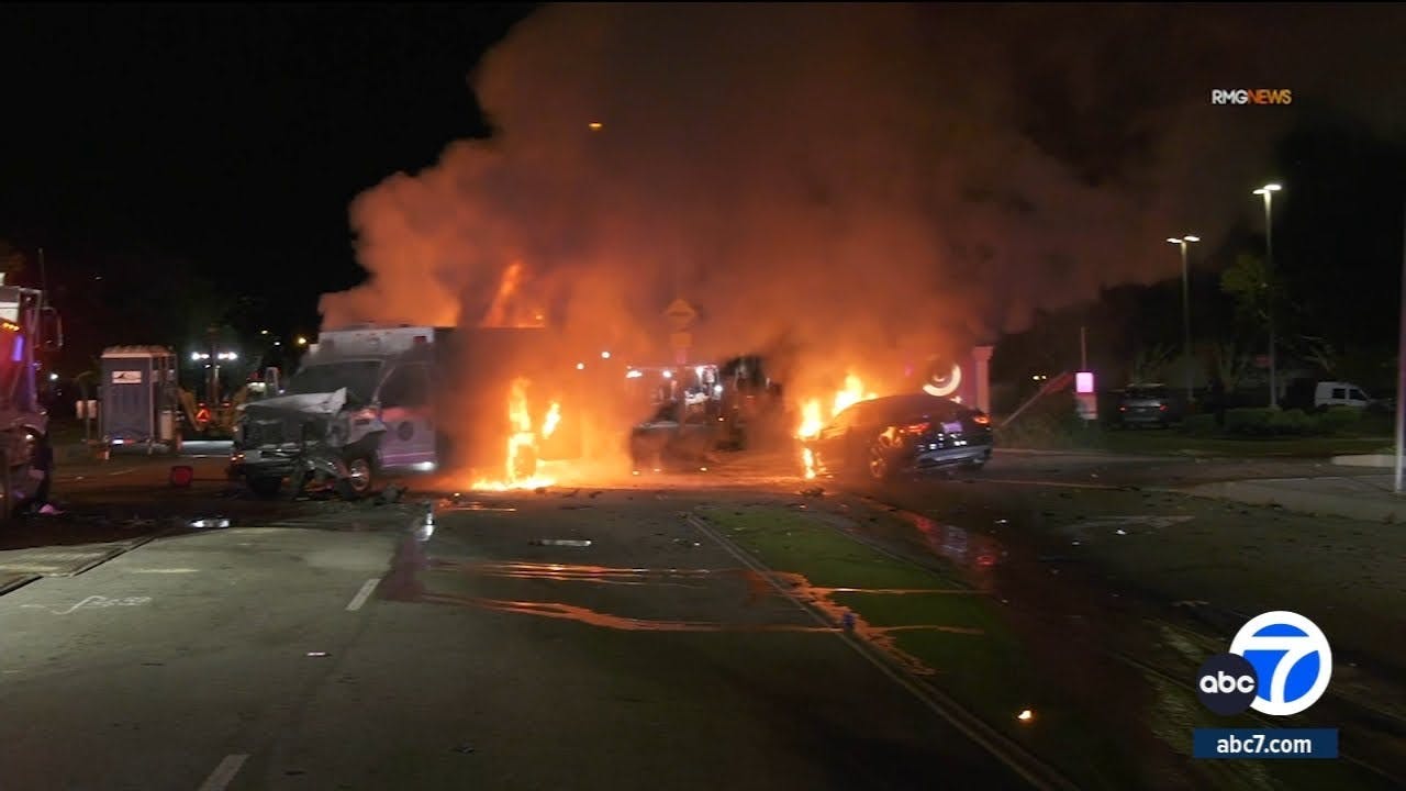 Ambulance explodes in flames after Ventura crash
