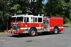 The District of Columbia Fire and EMS Department’s (DCFEMS) Engine Company 10 operates this 2023 Seagrave Capitol cab model. Its wheelbase is 170½ inches, and its overall length is 352 inches. The rig pumps 1,500 gpm from a 500-gallon tank. The vehicle is outfitted with a steel-reinforced front bumper that has a front intake and trash line and a low rear hosebed. The District of Columbia Fire and EMS Department’s (DCFEMS) Engine Company 10 operates this 2023 Seagrave Capitol cab model. Its wheelbase is 170½ inches, and its overall length is 352 inches. The rig pumps 1,500 gpm from a 500-gallon tank. The vehicle is outfitted with a steel-reinforced front bumper that has a front intake and trash line and a low rear hosebed.