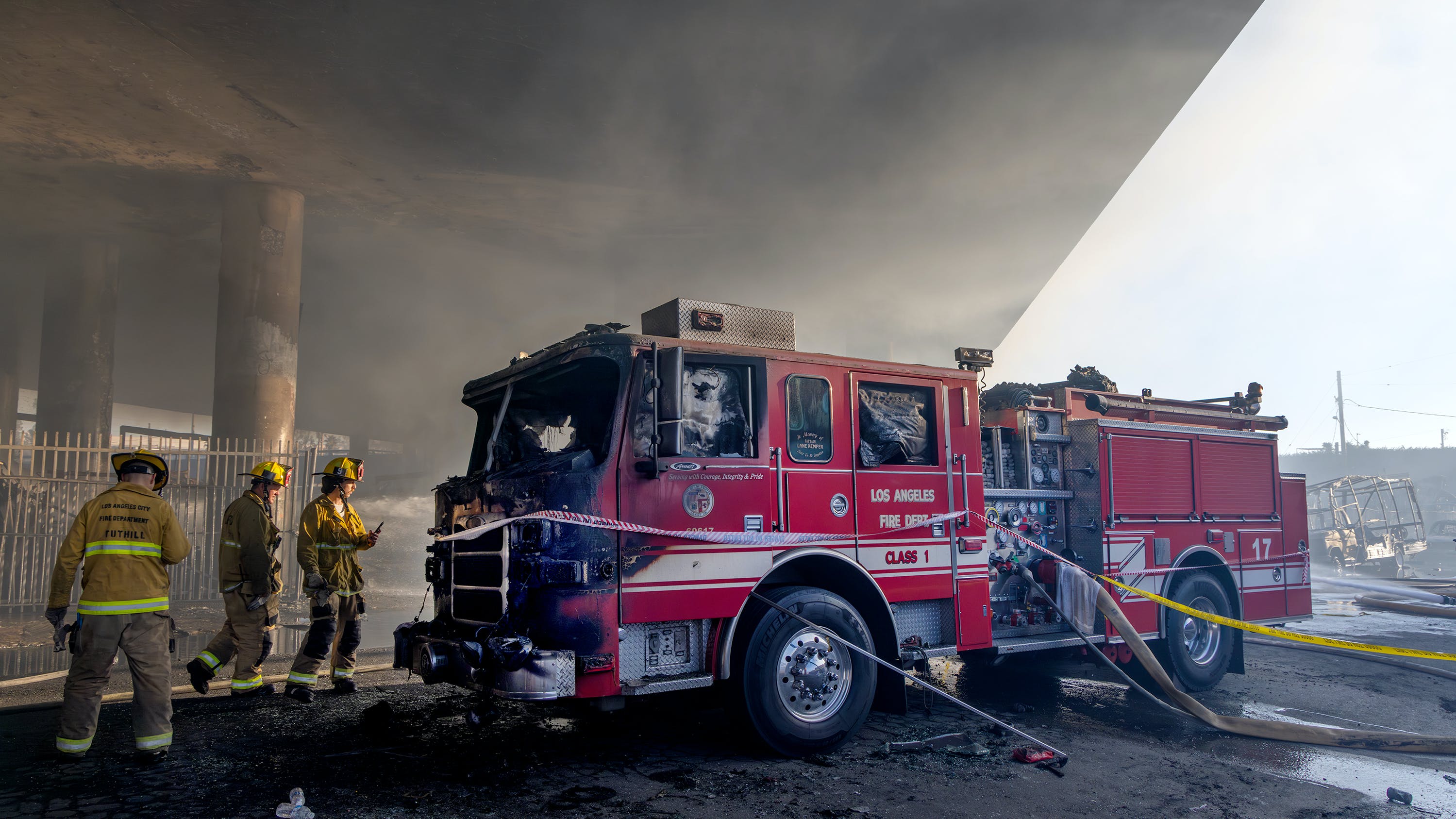 Los Angeles Fire Department Engine 17 sustained heavy damage during a massive pallet fire that damaged Interstate 10 Saturday.