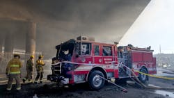 Los Angeles Fire Department Engine 17 sustained heavy damage during a massive pallet fire that damaged Interstate 10 Saturday. Los Angeles Fire Department Engine 17 sustained heavy damage during a massive pallet fire that damaged Interstate 10 Saturday.
