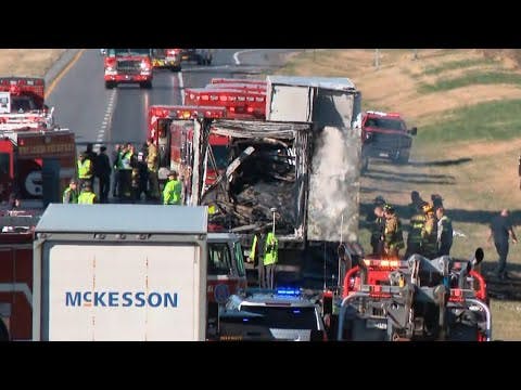 Drone video shows aftermath of fiery Licking County crash involving semi, charter bus