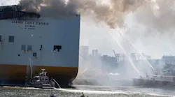 Crews continue to battle a fire on the Grande Costa D'Avorio in Port Newark a day after two Newark firefighters died in the fire.