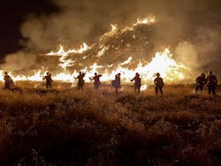 A Cal-Fire Pilot Rock hand crew battles the Rabbit Fire. The crew was burning out a piece of unburned vegetation to assist in containing the fire.
