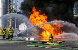 An automobile collided with a gasoline tanker truck that was leaving the Valero Memphis Refinery terminal after being loaded with fuel