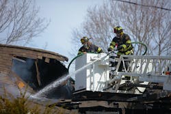 The tower ladder platform can be used as a stable base to overhaul unstable structures. Consider a short length of 1¾-inch hose with a straight-tip nozzle and a ½-inch overhaul tip to attach to the stang for light overhaul operations. The tower ladder platform can be used as a stable base to overhaul unstable structures. Consider a short length of 1¾-inch hose with a straight-tip nozzle and a ½-inch overhaul tip to attach to the stang for light overhaul operations.