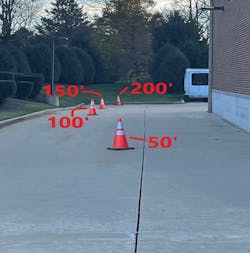 Without initially measuring, lay cones every 50 feet (or the length of hose that your department carries) from your engine to the end of your initial attack line. Without initially measuring, lay cones every 50 feet (or the length of hose that your department carries) from your engine to the end of your initial attack line.