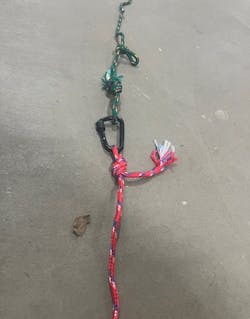 Ferguson uses four 50-ft. sections of polypropylene rope that are connected by carabiners. Ferguson uses four 50-ft. sections of polypropylene rope that are connected by carabiners.