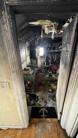 Inadequate pump discharge pressure allowed the interior attack hoseline to be jammed into this doorway when the smoke explosion slammed the door shut. Inadequate pump discharge pressure allowed the interior attack hoseline to be jammed into this doorway when the smoke explosion slammed the door shut.