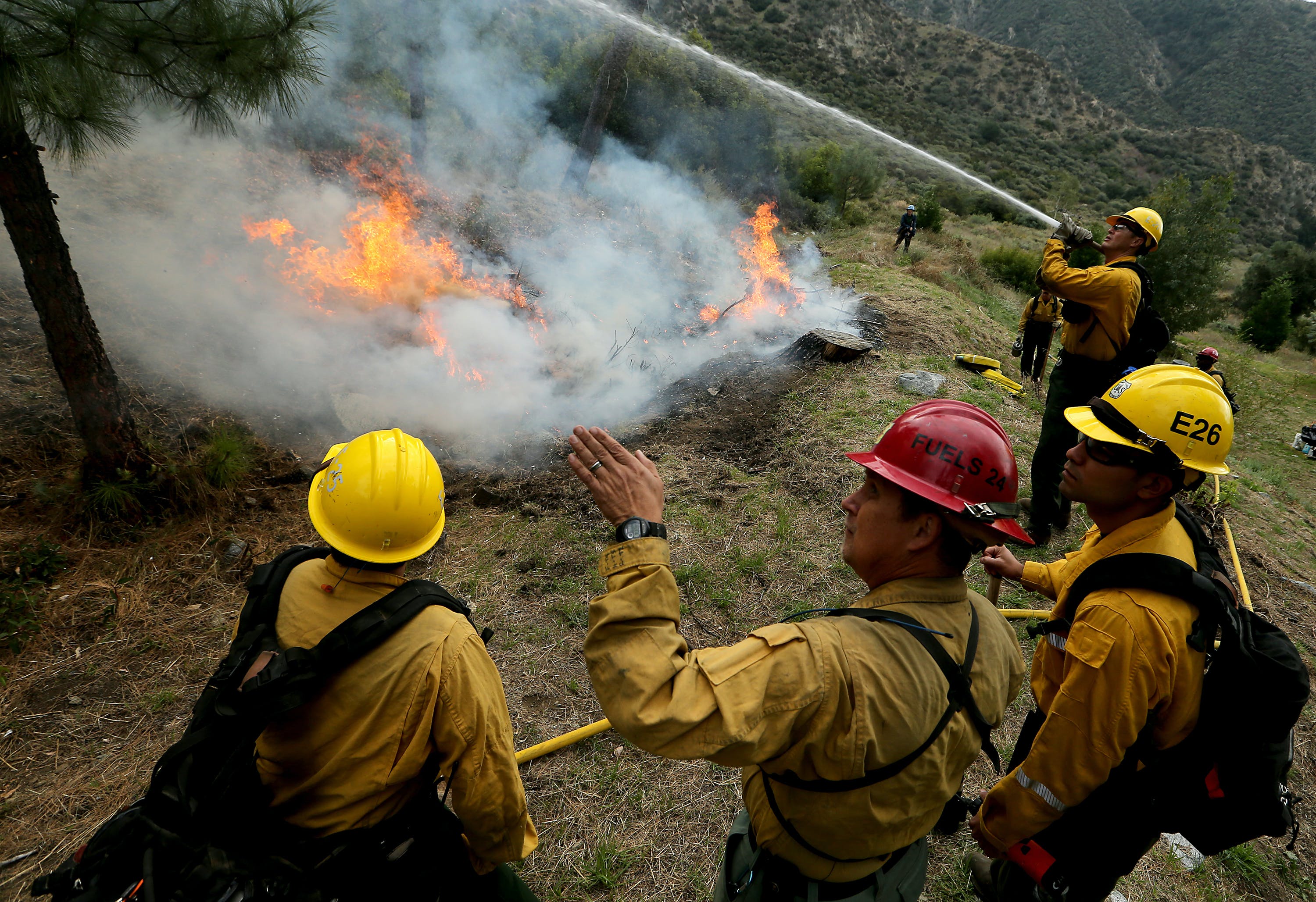 U.S. Forest Service firefighters take part in a controlled burn in the Angeles National Forest last month.