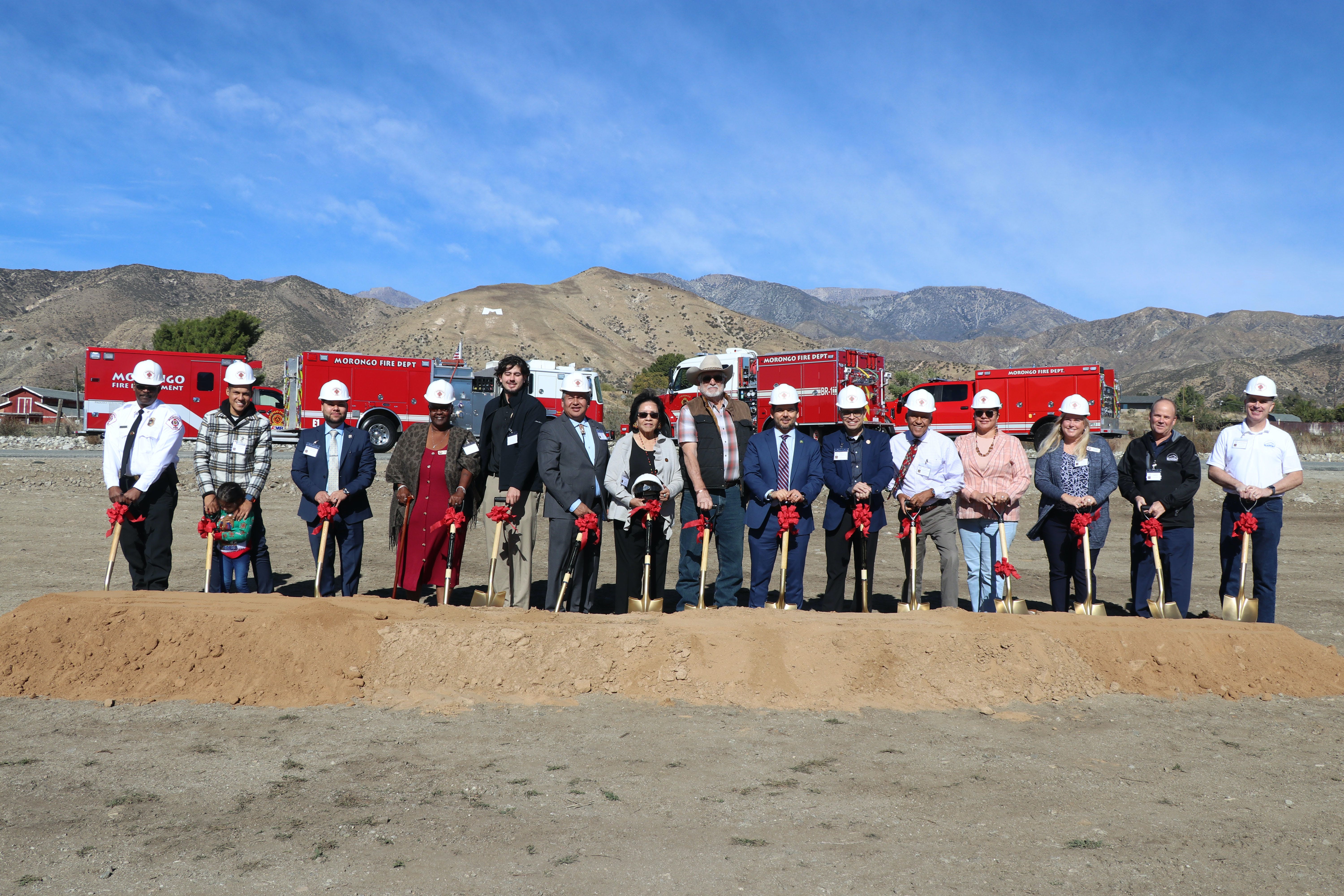 Morongo tribal leaders, administrators and area elected officials break ground on the new Morongo Fire Station #1.