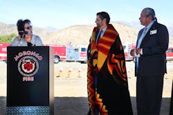 Morongo Tribal Council Member Mary Ann Andreas (left) and Tribal Chairman Charles Martin (right) present Congressman Raul Ruiz (center) with a ceremonial blanket. Morongo Tribal Council Member Mary Ann Andreas (left) and Tribal Chairman Charles Martin (right) present Congressman Raul Ruiz (center) with a ceremonial blanket.