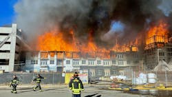 For the second time in three days, Aurora firefighters battled a major fire in an apartment complex under construction on Saturday. The fire reached five alarms. For the second time in three days, Aurora firefighters battled a major fire in an apartment complex under construction on Saturday. The fire reached five alarms.