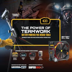 Super Vac’s battery fans and Command Light’s Trident Tripod run off the industry’s favorite nonproprietary batteries: DeWalt, HURST, Makita and Milwaukee. Super Vac’s battery fans and Command Light’s Trident Tripod run off the industry’s favorite nonproprietary batteries: DeWalt, HURST, Makita and Milwaukee.