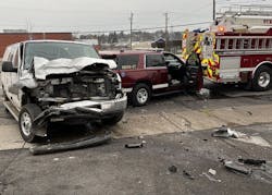 Fire officials said the driver of the van and the RAV4 were injured and the firefighters, who were retrieving equipment seconds before, escaped injury.