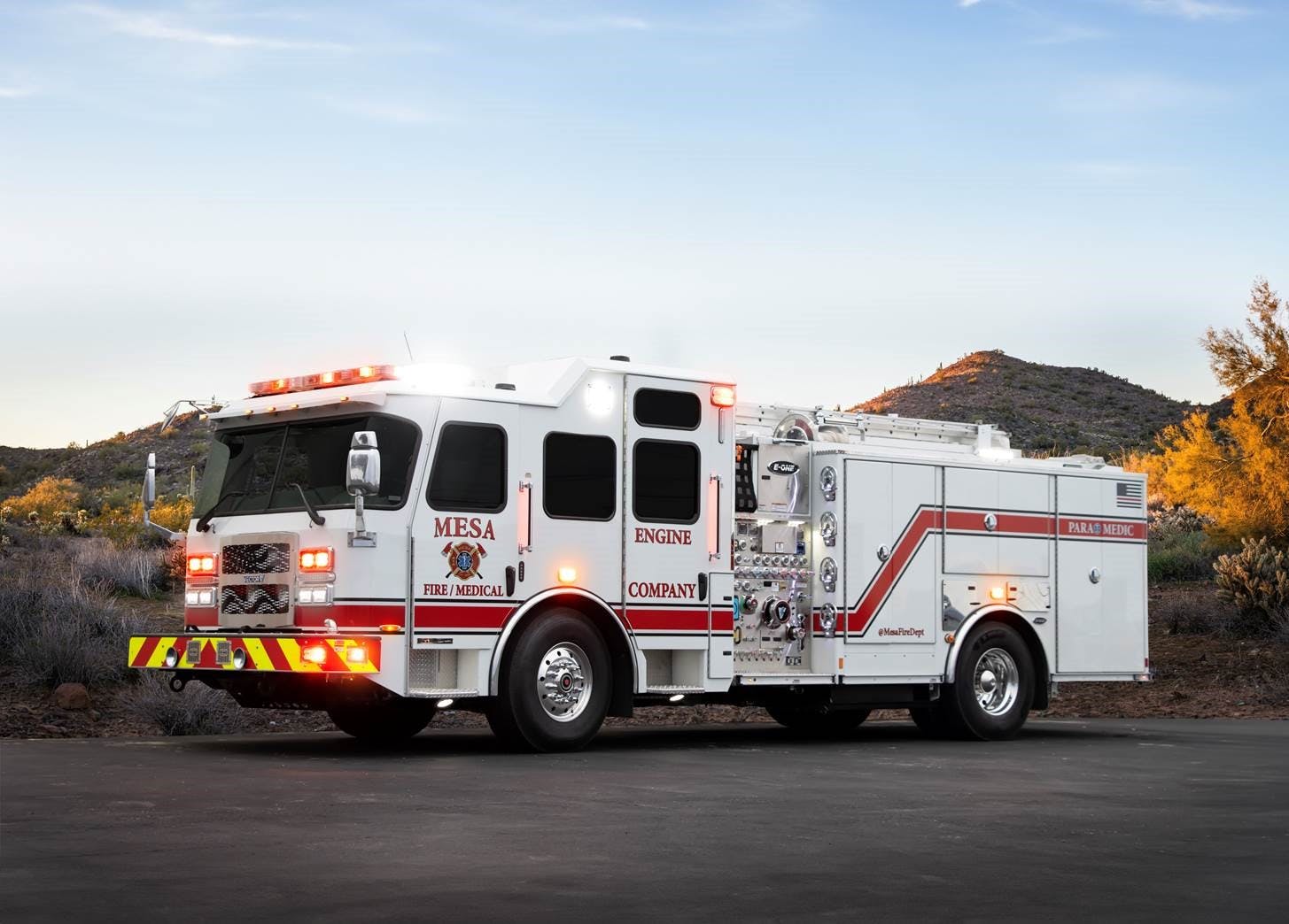 The E_ONE Vector all-electric pumper truck, stationed at Fire Station 221 in southeast Mesa, will reduce toxin exposure for firefighters as part of the Mesa Fire and Medical Department&rsquo;s commitment to implementing cutting-edge health and safety practices.