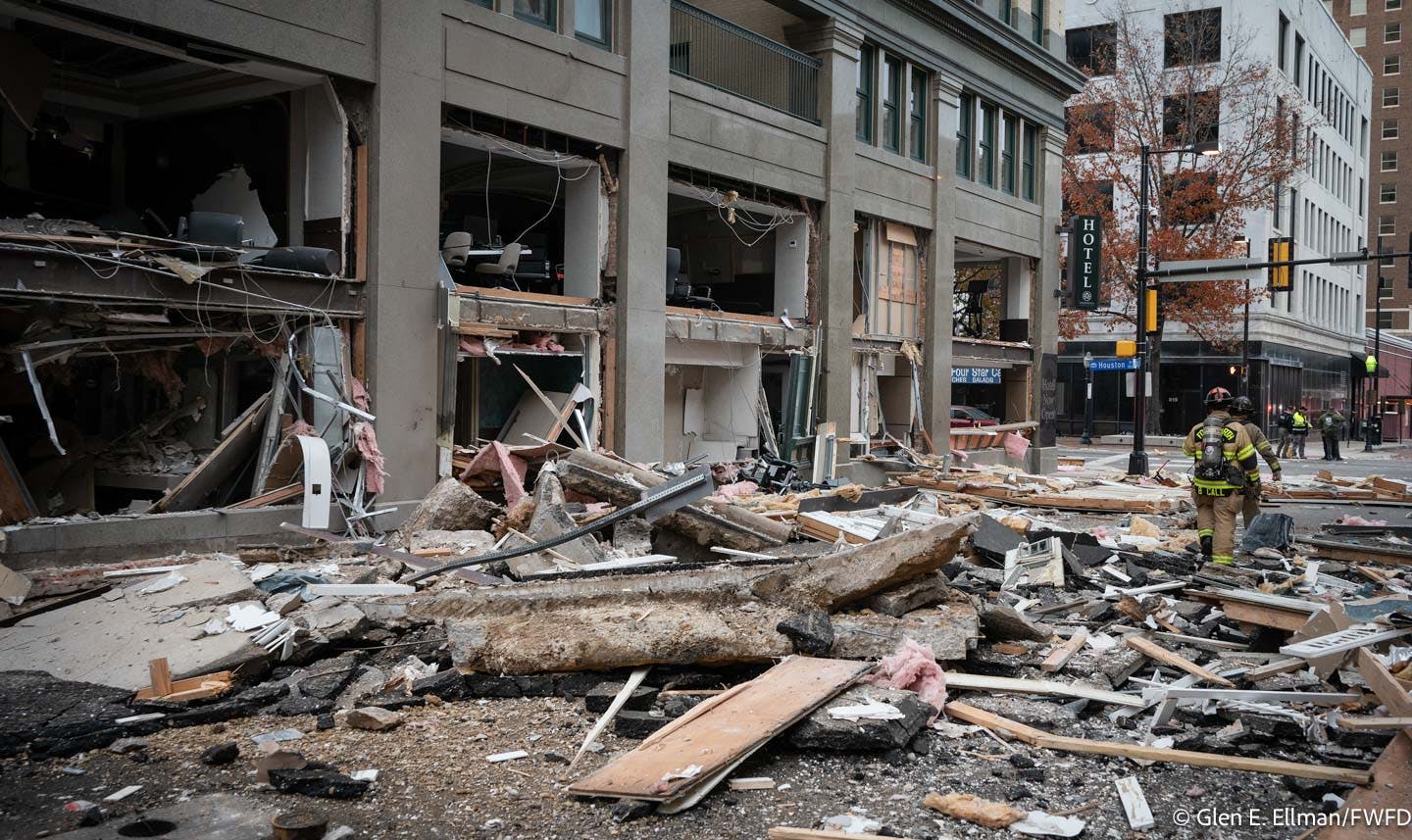 The aftermath following an explosion at the Sandman Hotel in Fort Worth Monday.