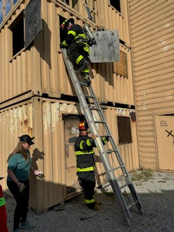 The competitors had to ensure their tech solution could track first responders within one meter accuracy as they climbed a ladder. The competitors had to ensure their tech solution could track first responders within one meter accuracy as they climbed a ladder.