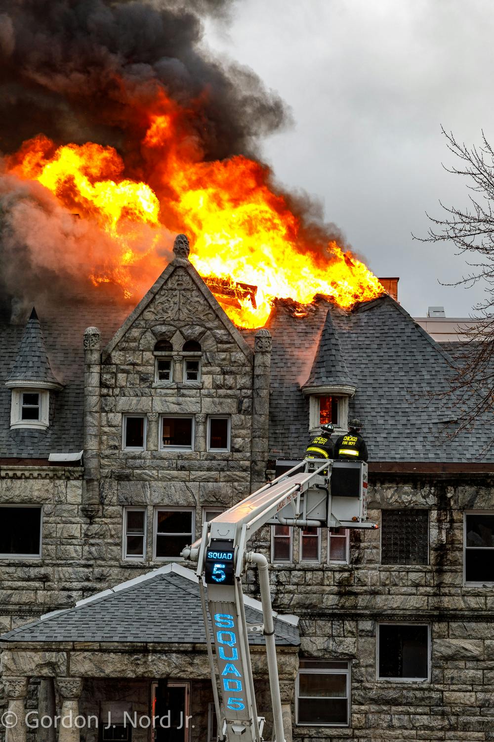 A tower ladder, a snorkel and numerous other streams were successful in keeping the fire at a three-story mansion (built in 1892) to the building of origin.