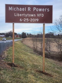 A section of MD. 26 has been dedicated to Libertytown Firefighter Michael R. Powers, who collapsed and died there. A section of MD. 26 has been dedicated to Libertytown Firefighter Michael R. Powers, who collapsed and died there.