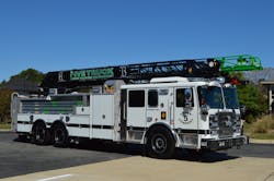 The Dunkirk, MD, Volunteer Fire Department&rsquo;s 2020 Seagrave 100-ft. aerial ladder is outfitted with both rear-body and side-stacked ground ladders. Note the green portion of the fly section, which can be replaced if damaged, with the tip of the ladder clear of any components, which would impede operations.