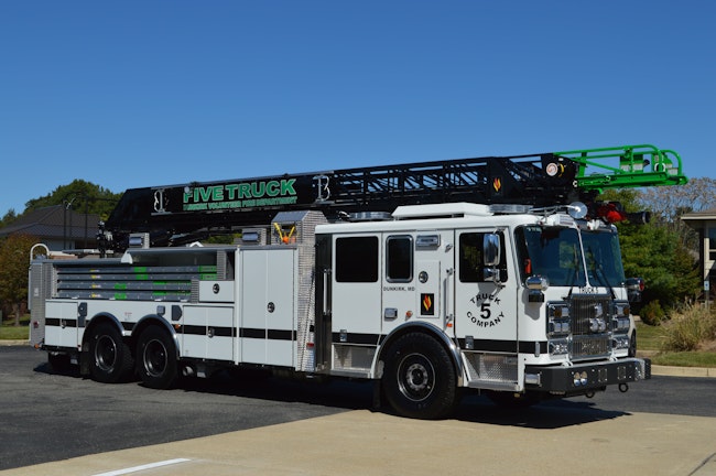 The Dunkirk, MD, Volunteer Fire Department’s 2020 Seagrave 100-ft. aerial ladder is outfitted with both rear-body and side-stacked ground ladders. Note the green portion of the fly section, which can be replaced if damaged, with the tip of the ladder clear of any components, which would impede operations.
