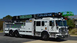 The Dunkirk, MD, Volunteer Fire Department’s 2020 Seagrave 100-ft. aerial ladder is outfitted with both rear-body and side-stacked ground ladders. Note the green portion of the fly section, which can be replaced if damaged, with the tip of the ladder clear of any components, which would impede operations.