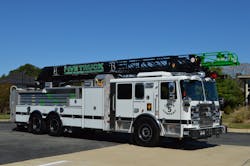The Dunkirk, MD, Volunteer Fire Department’s 2020 Seagrave 100-ft. aerial ladder is outfitted with both rear-body and side-stacked ground ladders. Note the green portion of the fly section, which can be replaced if damaged, with the tip of the ladder clear of any components, which would impede operations. The Dunkirk, MD, Volunteer Fire Department’s 2020 Seagrave 100-ft. aerial ladder is outfitted with both rear-body and side-stacked ground ladders. Note the green portion of the fly section, which can be replaced if damaged, with the tip of the ladder clear of any components, which would impede operations.